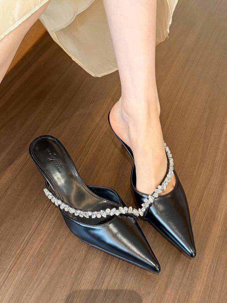 White Pointed Rhinestone High Heels Women's Spring 2025 New Stiletto Half Slippers Rubber Stiletto Bag Head Medium Heel