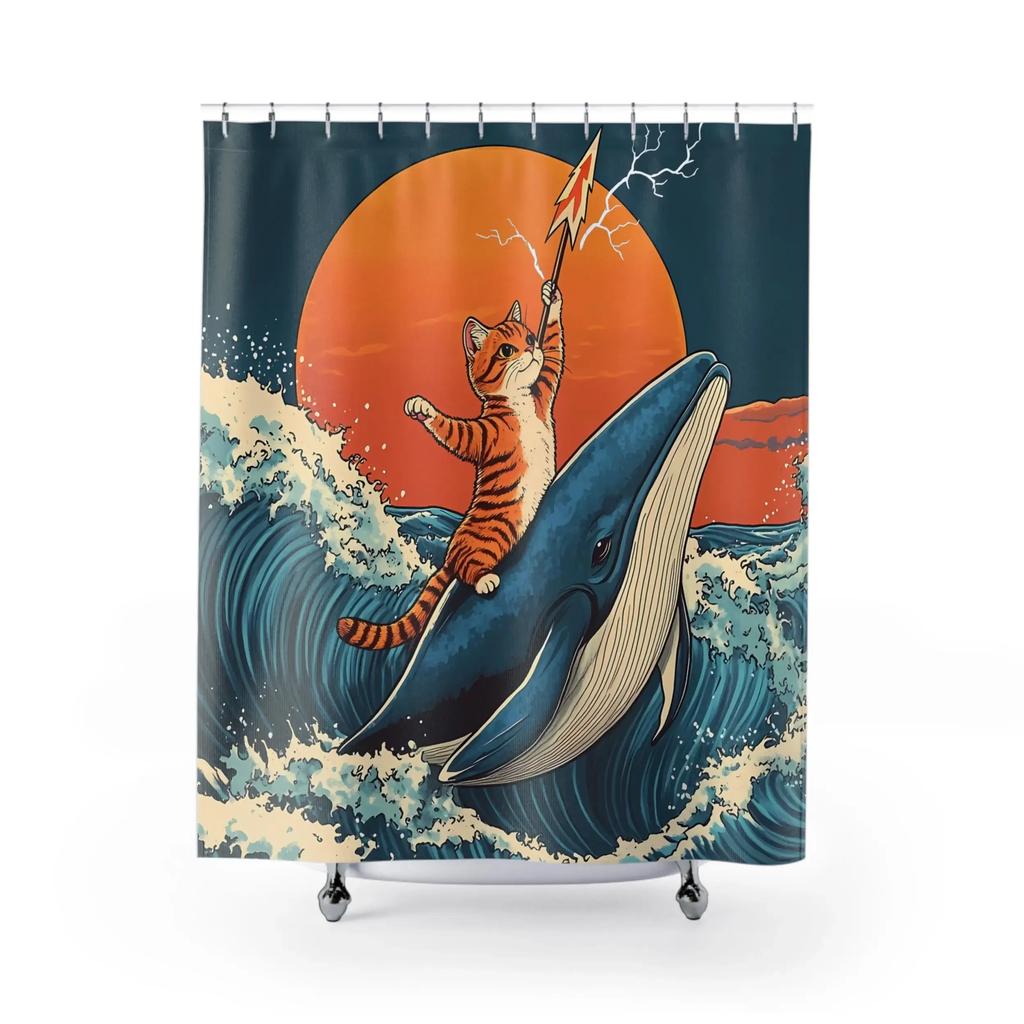 Cat and Shark Shower Curtain  Epic Ocean Wave Design Unique Waterproof Bathroom Decor Funny Animal Theme Blue Orange