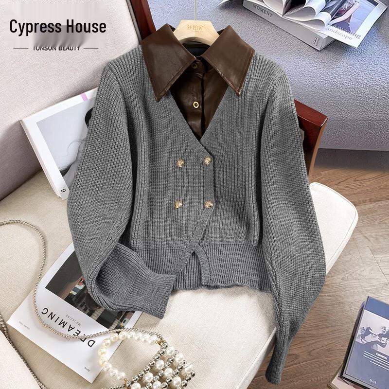 

Women s Lapel Fake Two-Piece Knit Sweater One Size