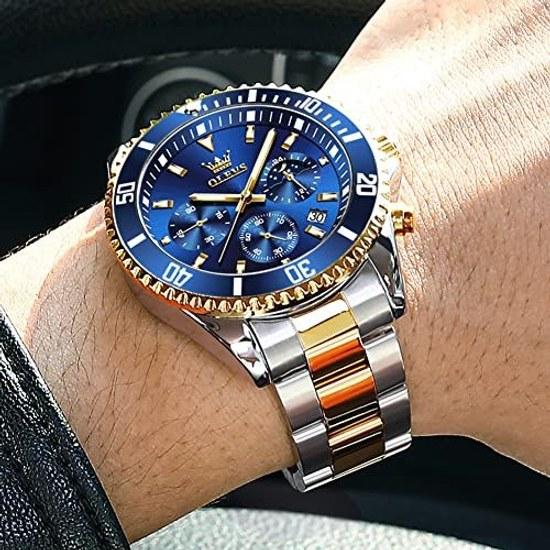 OLEVS Watch Men Popular Wristwatch Quartz Fashion Business Chronograph Stainless Steel Waterproof Date Male Gift Blue