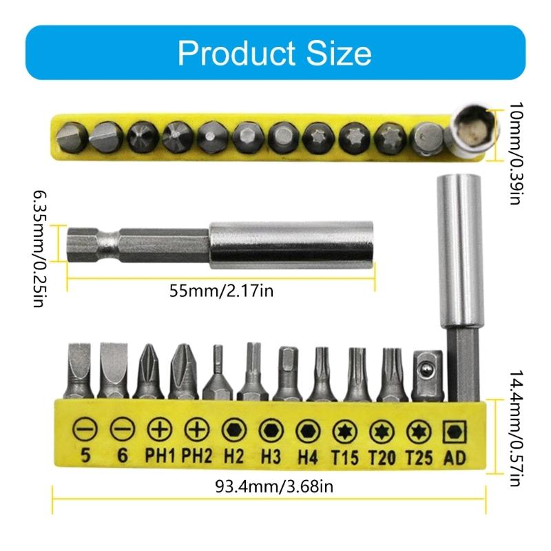 652F 12Pieces Screwdriver Bit Including 55mm Extension Rod Universally 1/4Inch Hexagonal Shank For Electric Tool