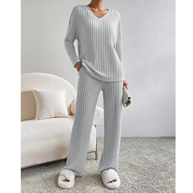 Pantaloni a gamba dritta casual alla moda autunnale da donna in due pezzi, temperamento, scollo a V largo, tuta lavorata a maglia