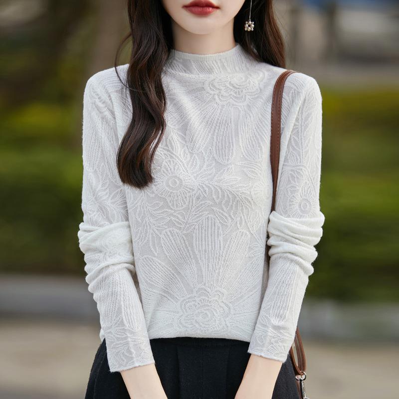 Elegant three-dimensional carved worsted thin semi-turtleneck knitted bottoming shirt femininity with thin top