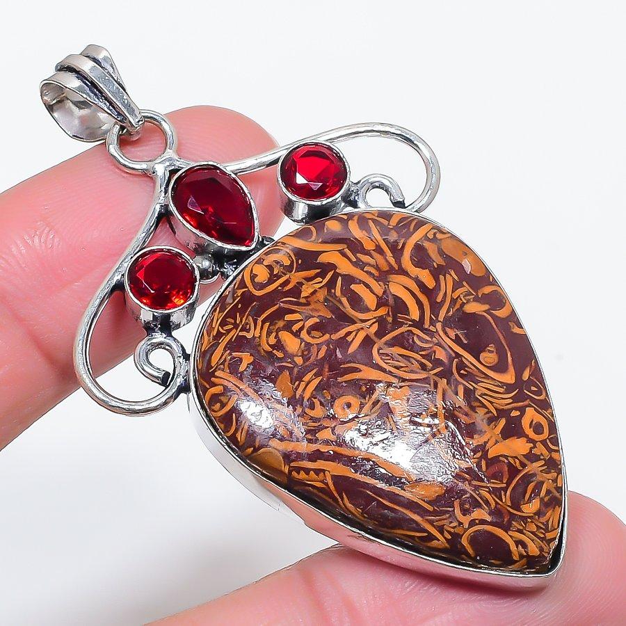 Natural Mariam Jasper, Garnet 925 Sterling Silver Jewelry Pendant 2.56" A1W99