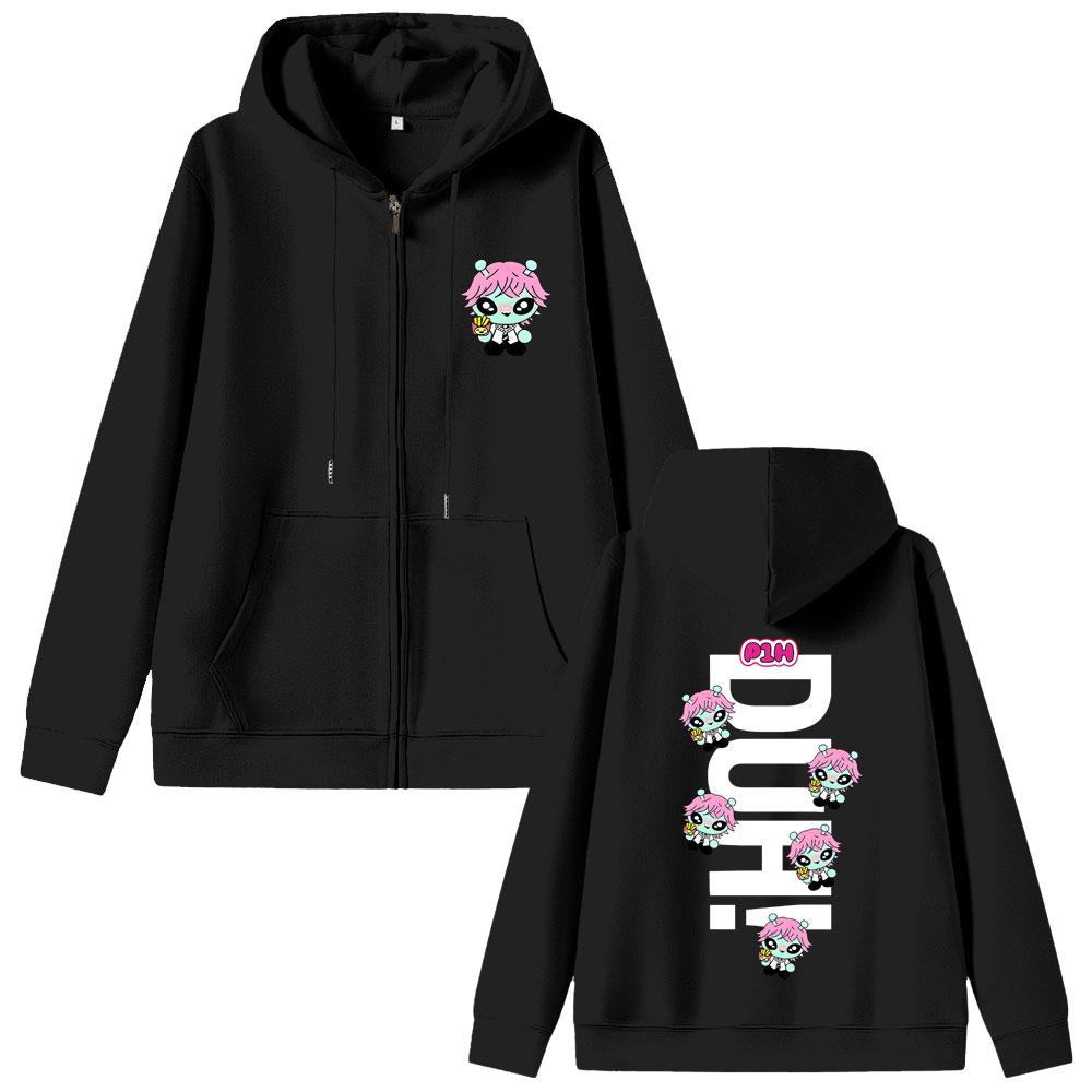 Korean Kpop P1Harmony  Duh Cartoon Style Print Zipper Hoodie Cat Funny Meme Zip Up Jacket Men Women Hip Hop Fashion Hoodies