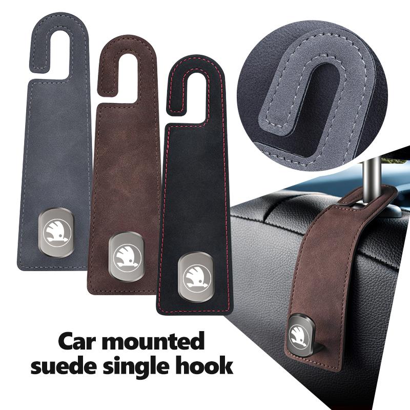 PTHT3 For Skoda Alloy Suede Car Seat Headrest Hook Auto Back Seat Organizer Accessories Kodiaq Fabia Kamiq Karoq Octavia 2 3 Rapid