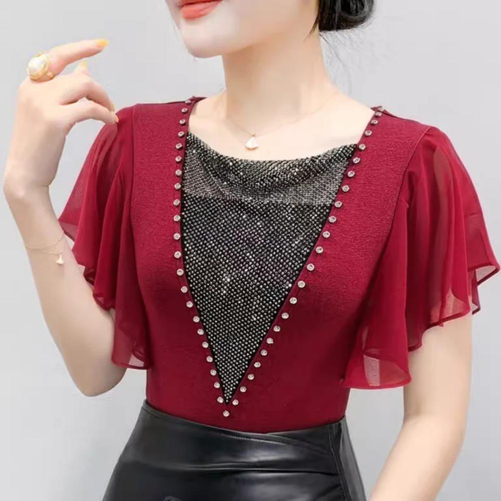 Summer Women's Sexy V-Neck Short Sleeve T-Shirts Elegant Luxury Hollowed-Out Hot Diamonds Casual Tops Brand Female Slim Tees Blouse