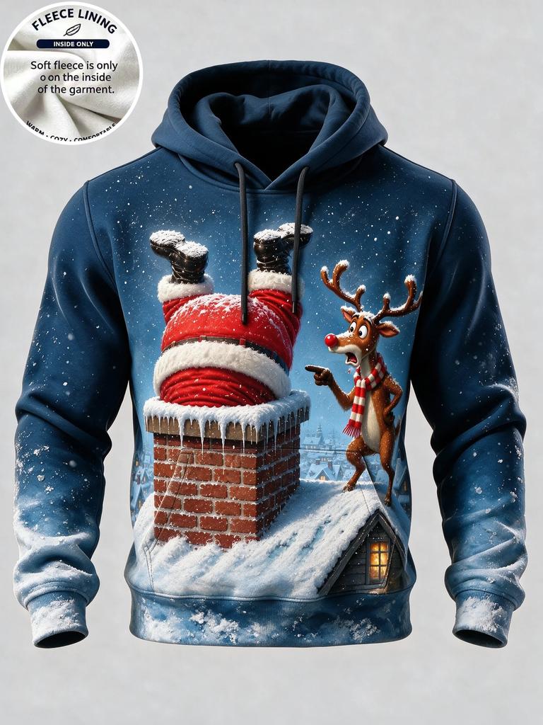 3D Print Christmas Fleece Hoodie Funny Santa Stuck In Chimney Reindeer Snow Scene Pullover Long Sleeve Holiday Sweatshirt