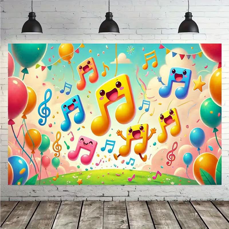 2D Cartoon Music Note Backdrop Colorful Balloon Birthday Party Background
