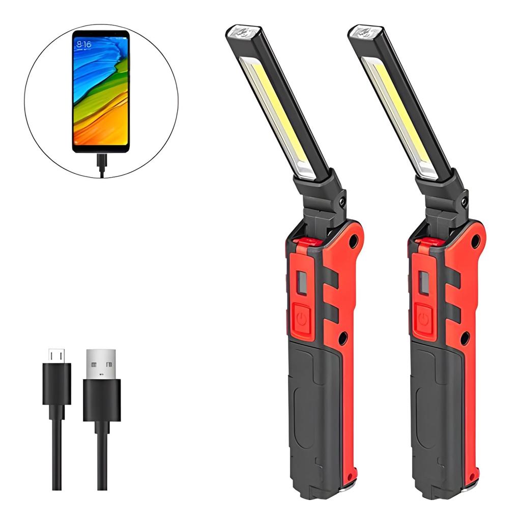 Set of 2 LED Work Lights, COB Lights, Handheld USB Rechargeable, Magnetic, Foldable, Compact, for Night Work and Construction (2 Pieces)