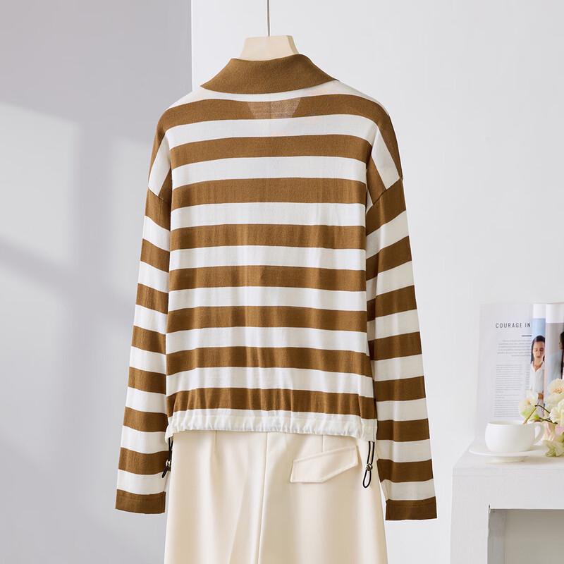 Jinjv Women's Wool Blend Contrast Stripe Half-Zip Polo Knit Top - 2026 Spring