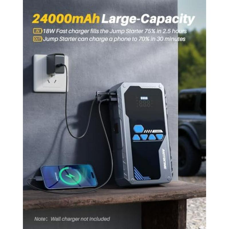 Portable Jump Starter with Air Compressor for All Gas and 12L Diesel Cars 150PSI Tire Inflator LED Flashlight LCD Display Stora