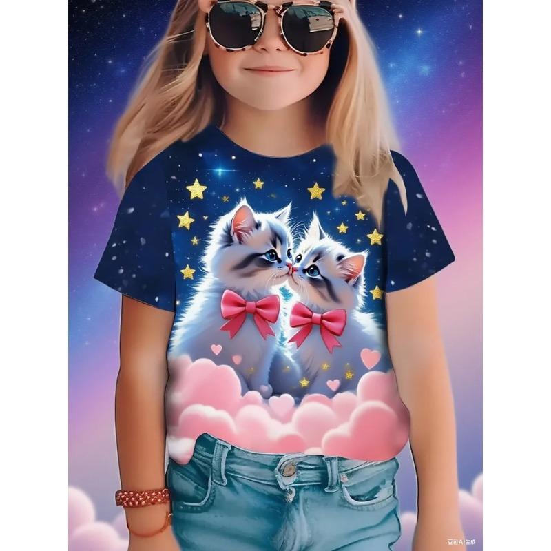 Summer Round Neck 3D Cat Printed Top Fashionable Casual Short Sleeved Children's Girl T-shirts