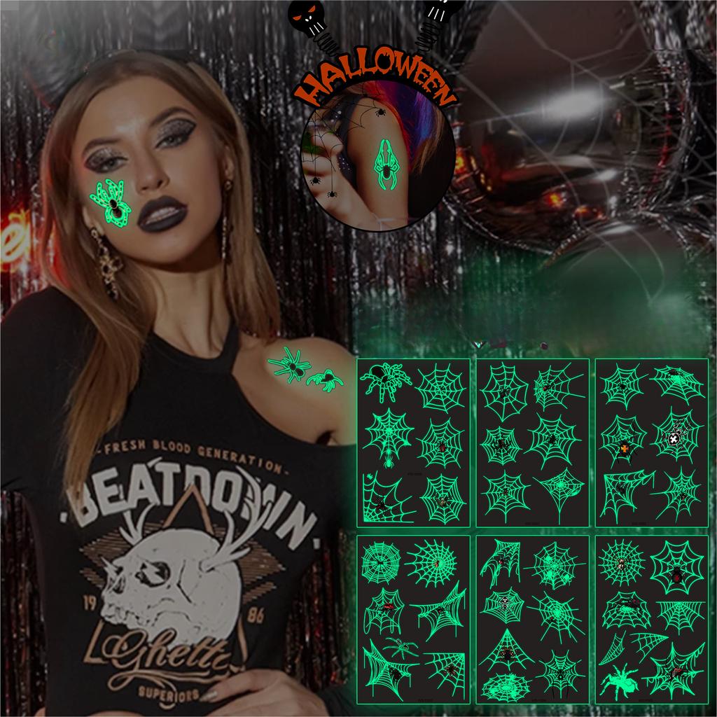 Dětská halloweenská nálepka se světelným dočasným tetováním Vodotěsné zelené tetování s 3D pavoučím tetováním Nálepka na obličej Armáda Tělo Falešné tetování