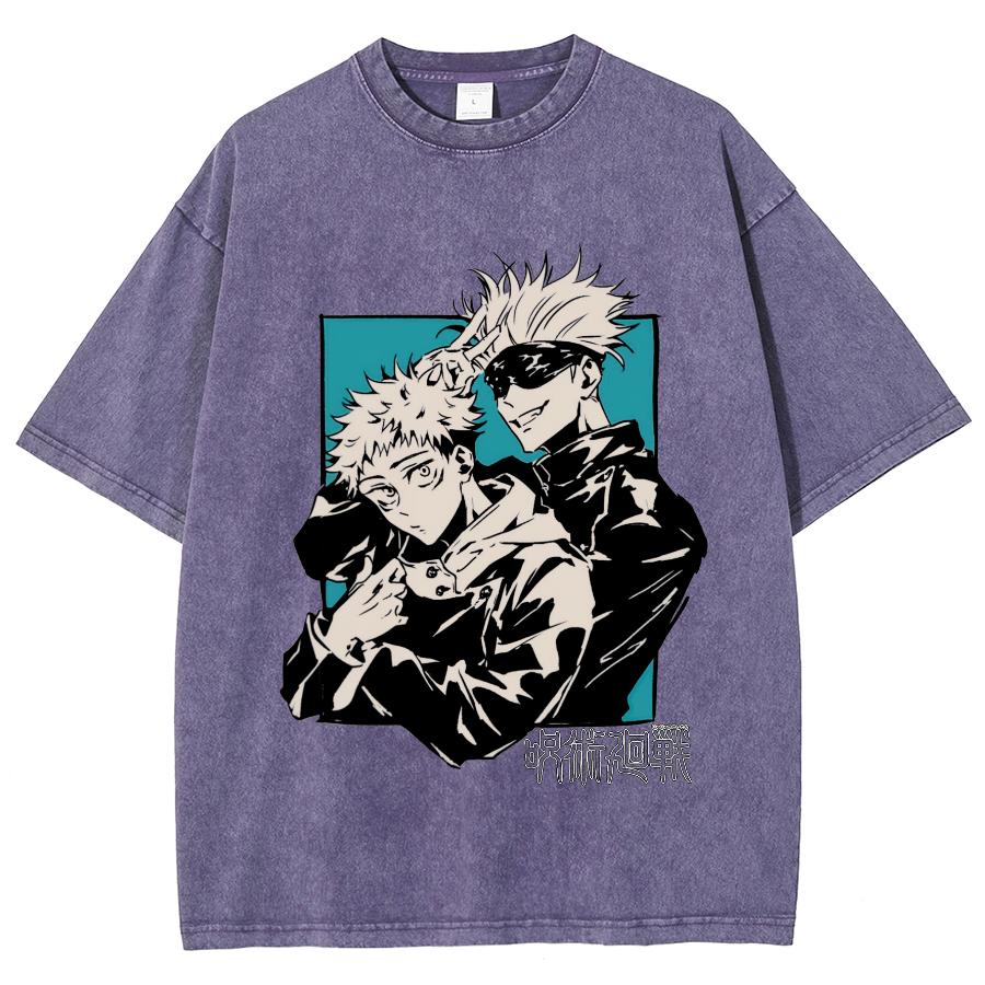 Anime Jujutsu Kaisen Satoru Gojo And Itadori Yuji Print T Shirt Men Women Y2k T-shirts Washed Cotton Tee Harajuku Male Tshirt
