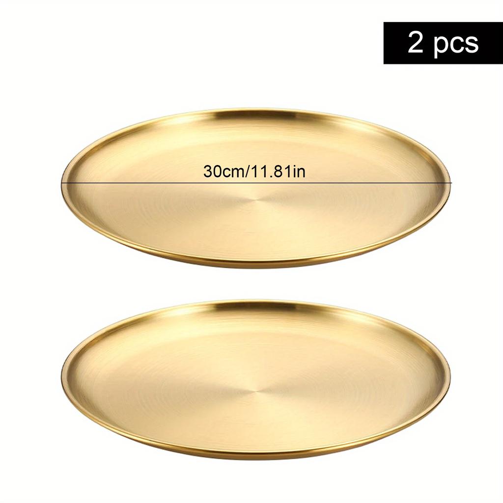 2Pcs Stainless Steel Round Plate Bone Spitting Dish Shallow Tray Metal Camping Plate Dining Disc BBQ Picnic Dishes Cookware