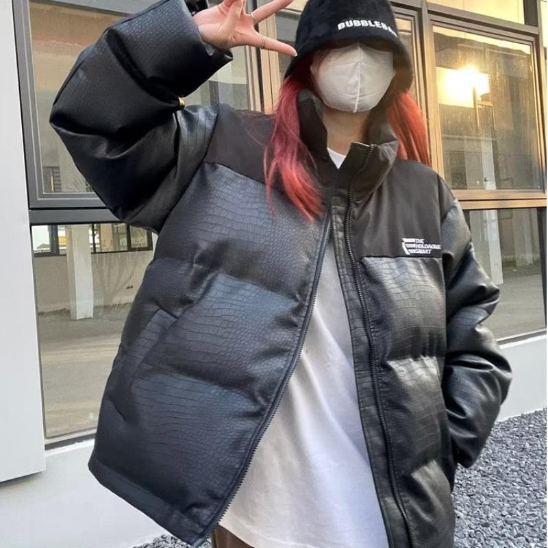 Vintage imitert skinnjakke for kvinner Bomull Parka Svart Tykk Varm Vinter Høst Pu Oversized jakke Yttertøy i koreansk stil