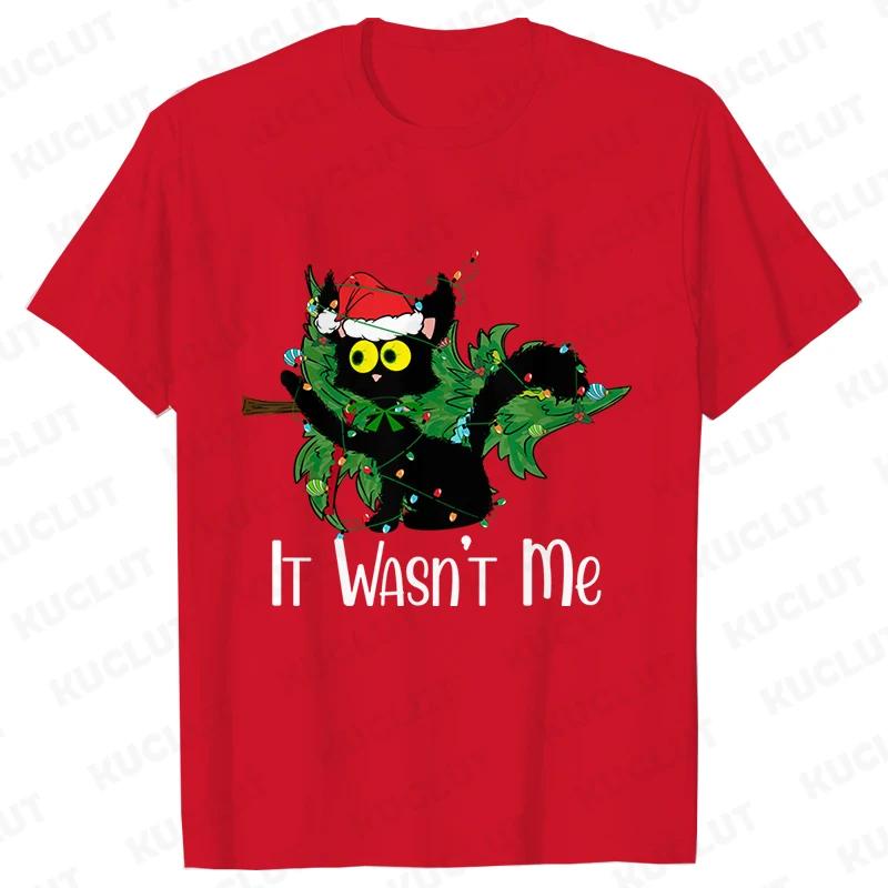 It Wasn's Me Christmas Cat Women's Clothing Christmas Tree Casual Fashion Aesthetics Short Sleeve T-shirt Cartoon Women's T-shirt