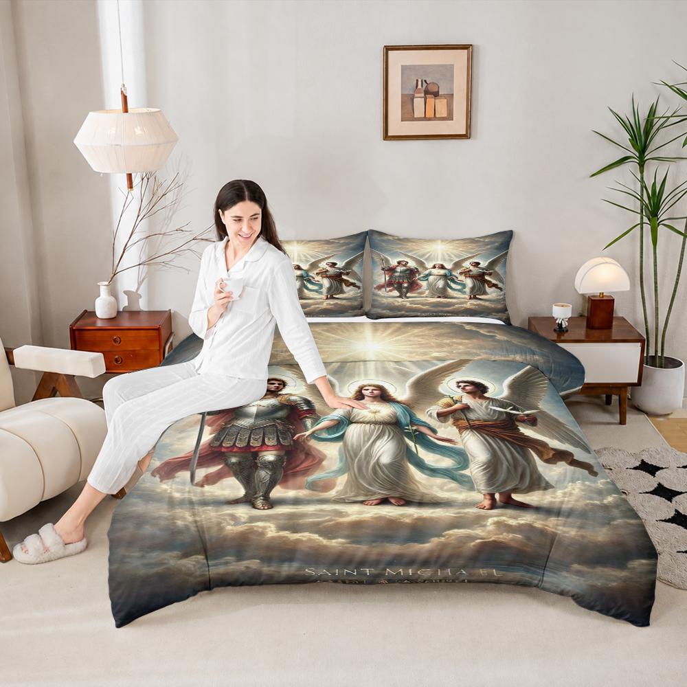 Duvet Cover Bedding Set with 2 Pillow Shams - Saint Michael Archangel Holy Warriors Wings Heavenly Light Religious Art Decor for Kids Boys Girls Room