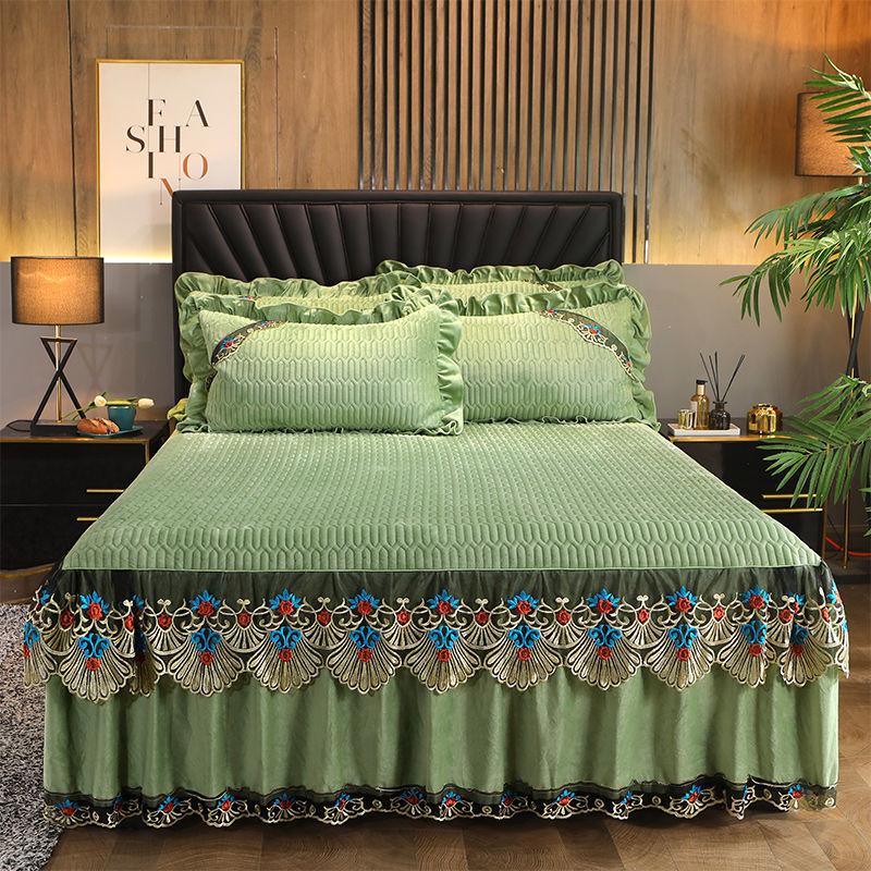 3 teile/satz Kristall Samt Gepolsterte Bett Rock Spitze Herbst und Winter Blätter Europäischen-stil Simmons Schutzhülle