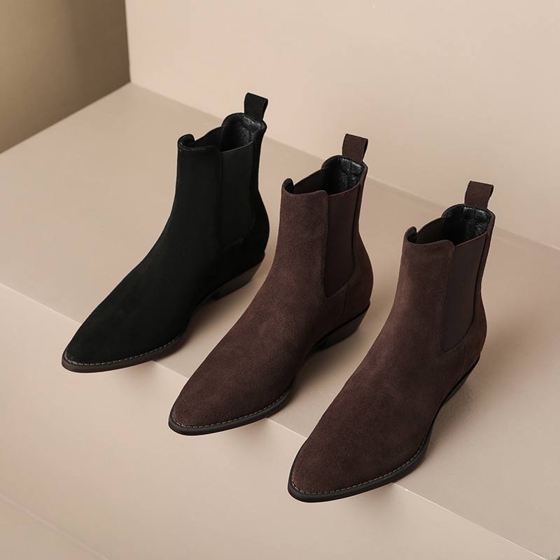 Krazing Pot Piele intoarsa de vaci iarna varf rotund gros tocuri joase cizme chelsea in crestere femei marime mare 41 botine la glezna