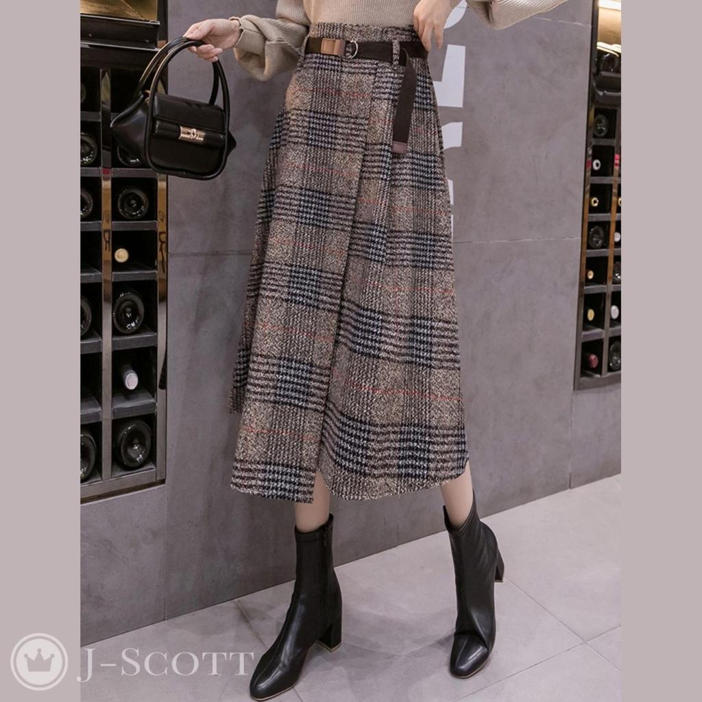 Asymmetrical Flared Midi Glen High with J-Scott Skirt, Length, Plaid, Waist, Tweed, Belt, Brown, JS23-BR-M