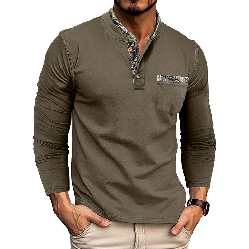 

New Autumn and Winter Men s Long-sleeved Henry Shirt Men s Double Neck Contrasting Casual T-shirt Top XXL