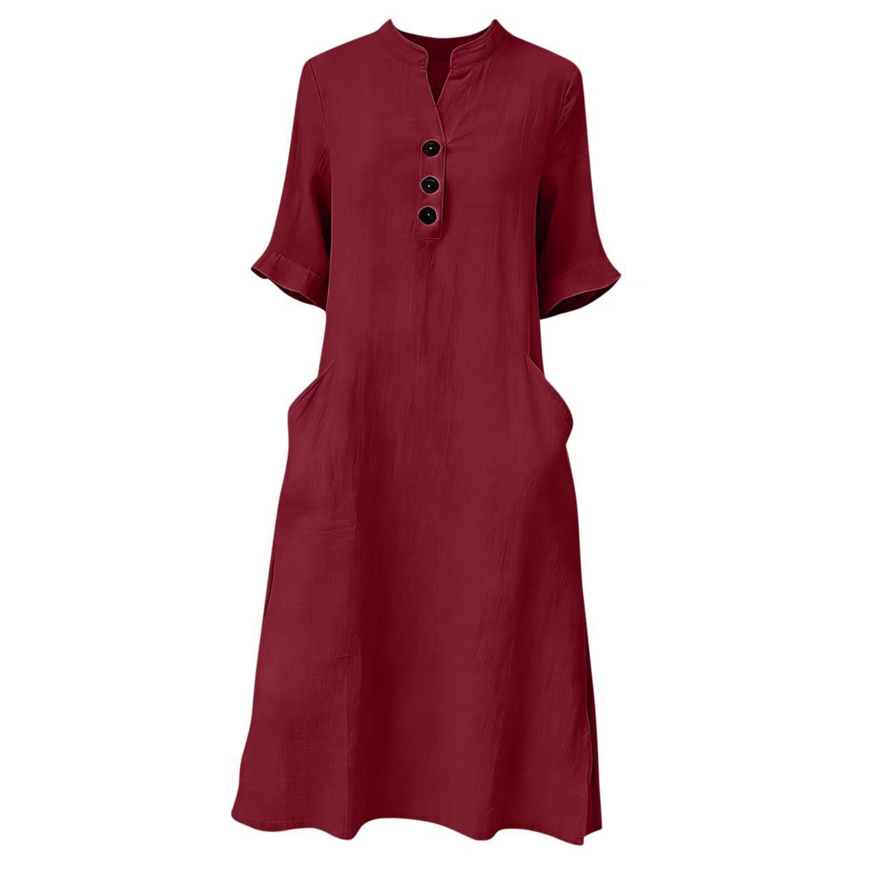 

2026 New Cotton Linen Single-Breasted Casual Dress Small красный