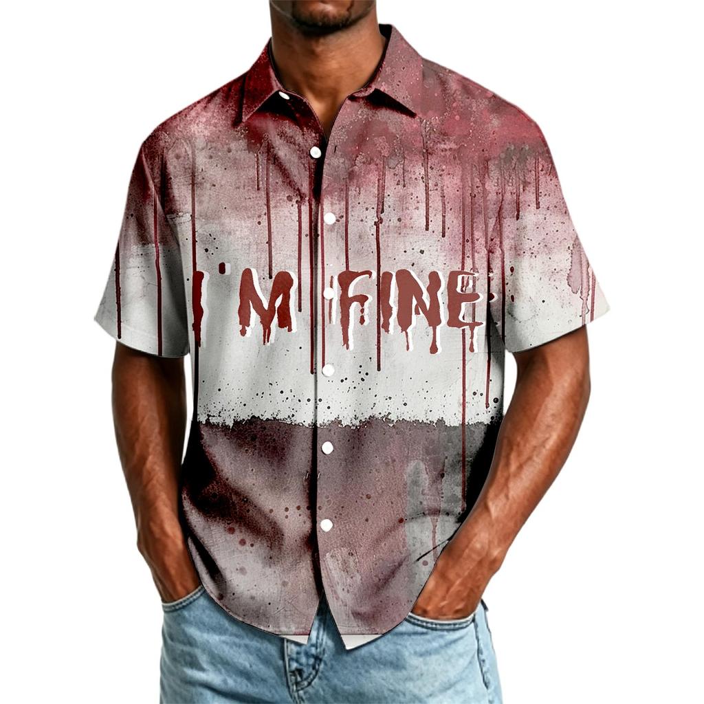 Herren Freizeithemd Kurzarm Button-Down Halloween-Print Leichter atmungsaktiver Stoff Locker geschnittenes Hemd für den Alltag