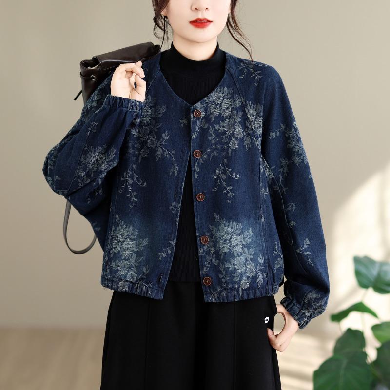 DIMANAF 2026 Autumn Winter Plus Size Women Denim Jackets Jeans Blue Coat Casual Long Sleeve Print Floral Loose Buttons Vintage Outwear