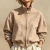 Women's Vintage Zip-Up Jacket with Stand Collar Drop Shoulder Cuffed Sleeves Short Coat for Fall Casual Wear
