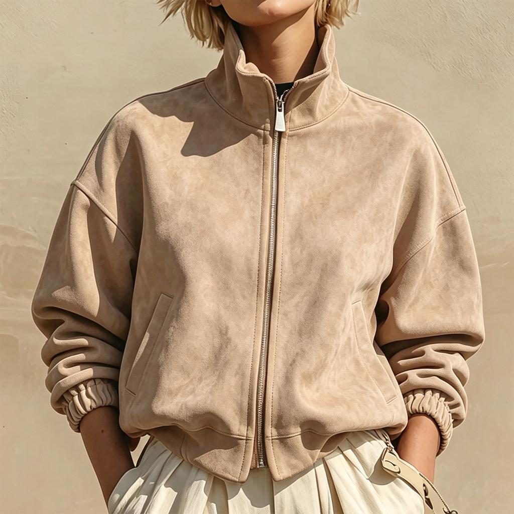 Women's Vintage Zip-Up Jacket with Stand Collar Drop Shoulder Cuffed Sleeves Short Coat for Fall Casual Wear