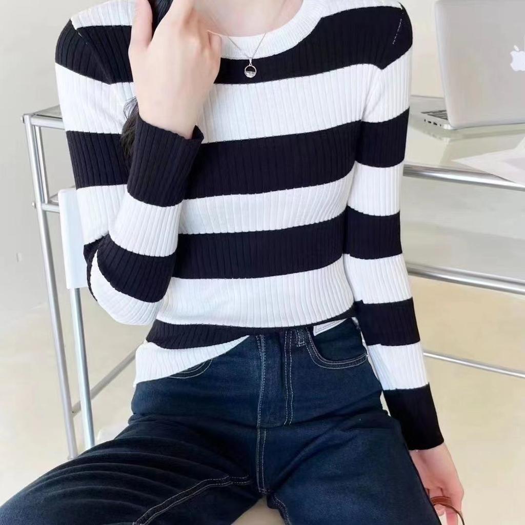 Pulover strâmt cu mâneci lungi și gât rotund de primăvară și toamnă, tricou tricotat în dungi, bluză de bază, top de toamnă și iarnă
