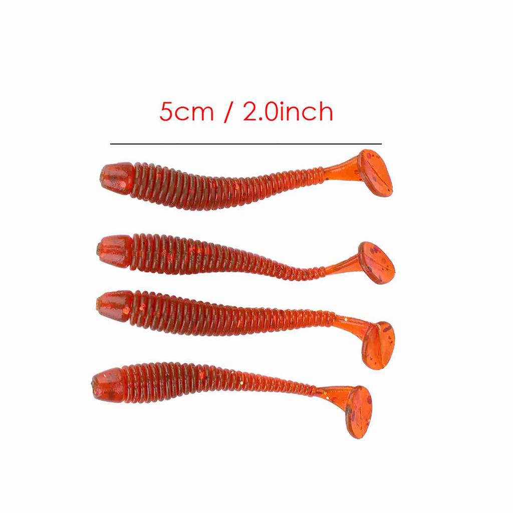 50PCS 5cm Soft Plastic Fishing Lures T tail Grub Worm Baits Fish Tackle Accessory Red