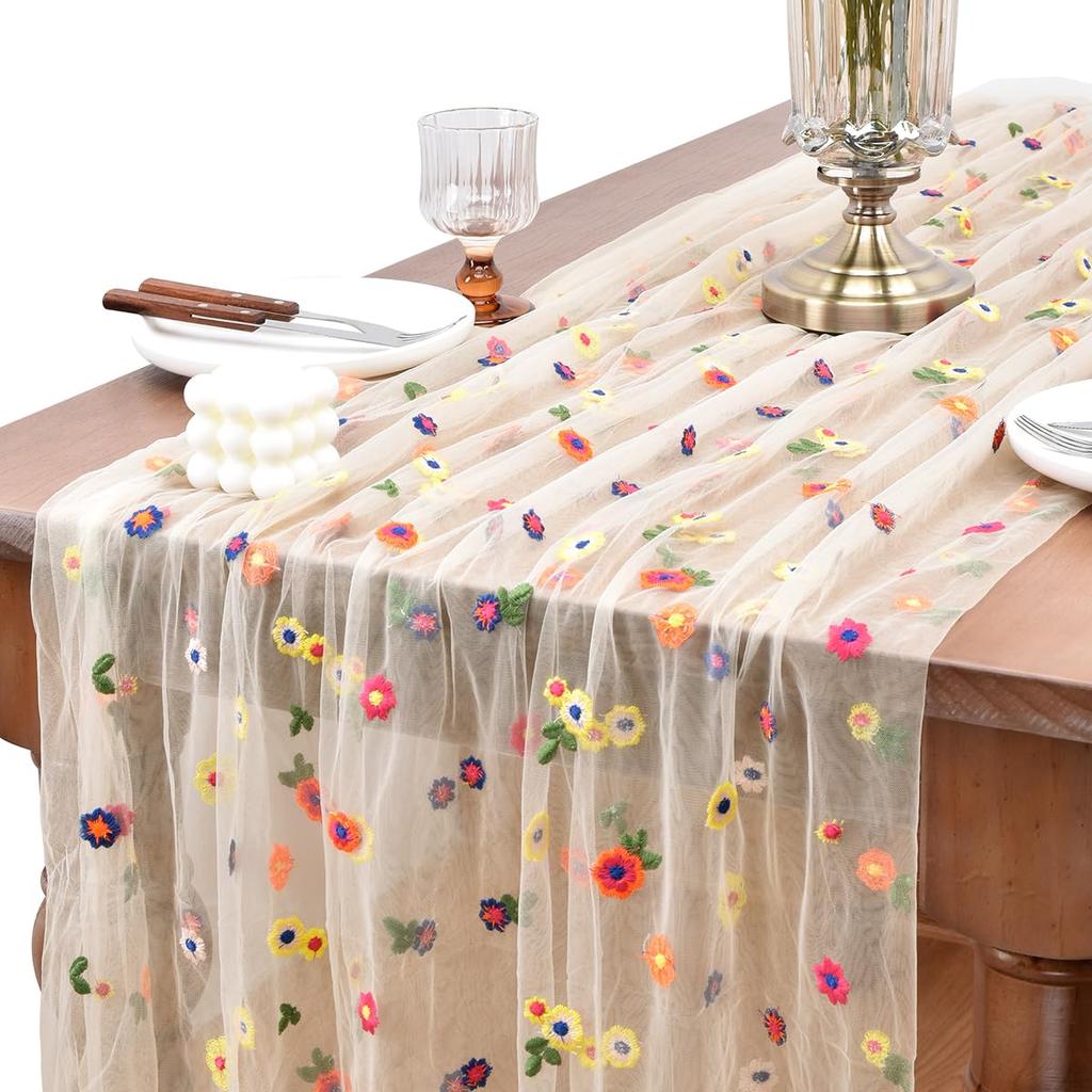 Embroidery Daisy Spring Summer Table Runner 10ft Florals Table Runner Holiday Kitchen Dining Table Decoration for Home Party Indoor
