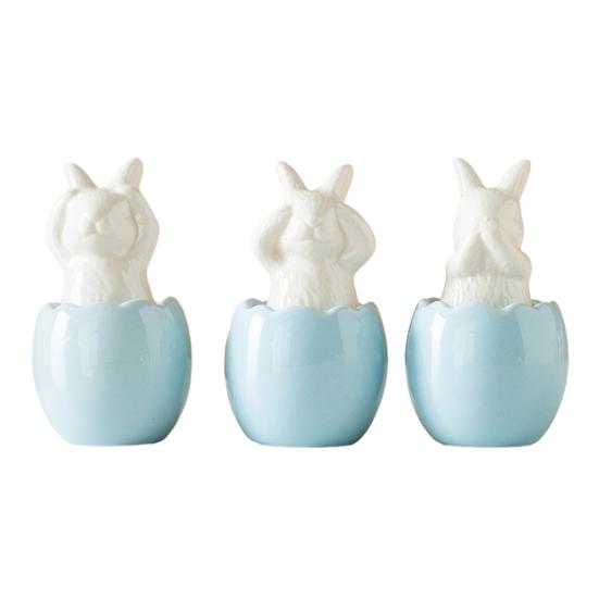 

3Pcs Easter Broken Egg Rabbit Figurine No See No Hear No Speak Bunny Ceramic Statue Holiday Party Desktop Decoration Ornament синій