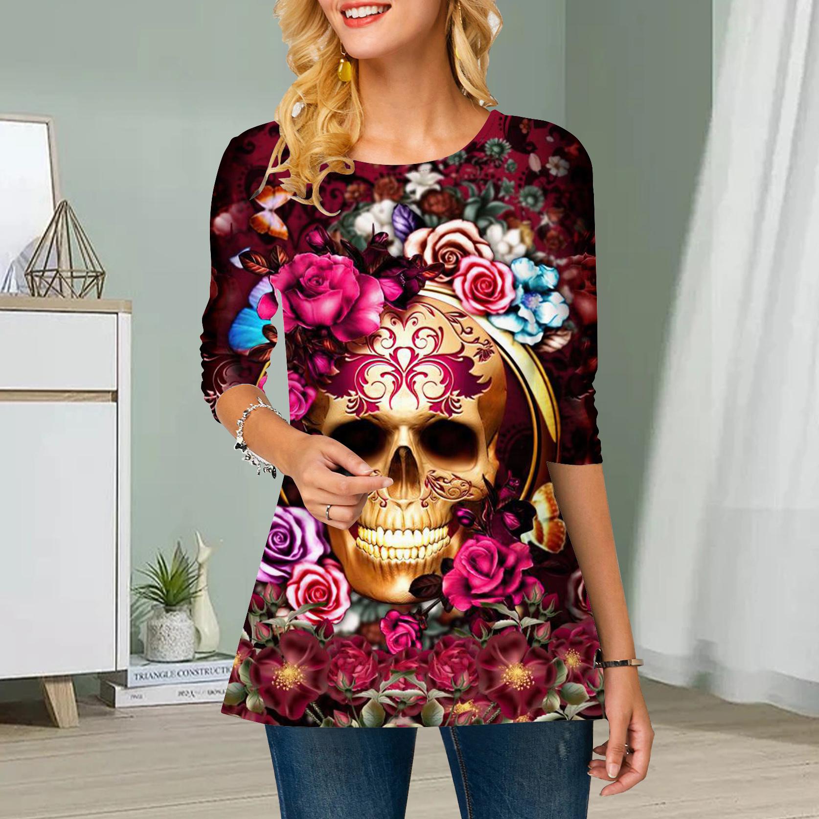 

Plus Size Women Flower Skeleton Rose Print Round Neck Casual Loose Long Sleeve Top 8XL різнокольоровий