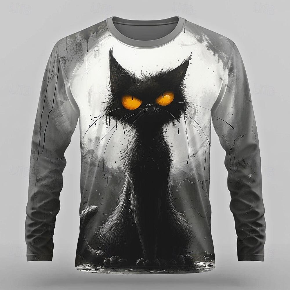 3D Print Cats Graphic Men's T-Shirts Fashion Creative Design Long Sleeve Round Neck Pullover Tops Autumn Casual Comfortable Tees