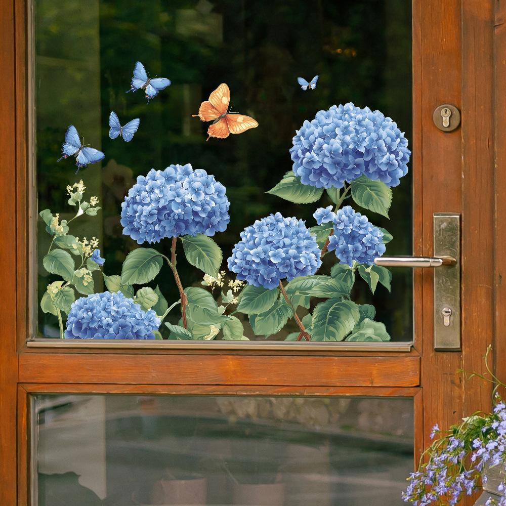 Hydrangea Butterfly Glass Window Home Beautification and Decoration Window Stickers Uv Static Electricity
