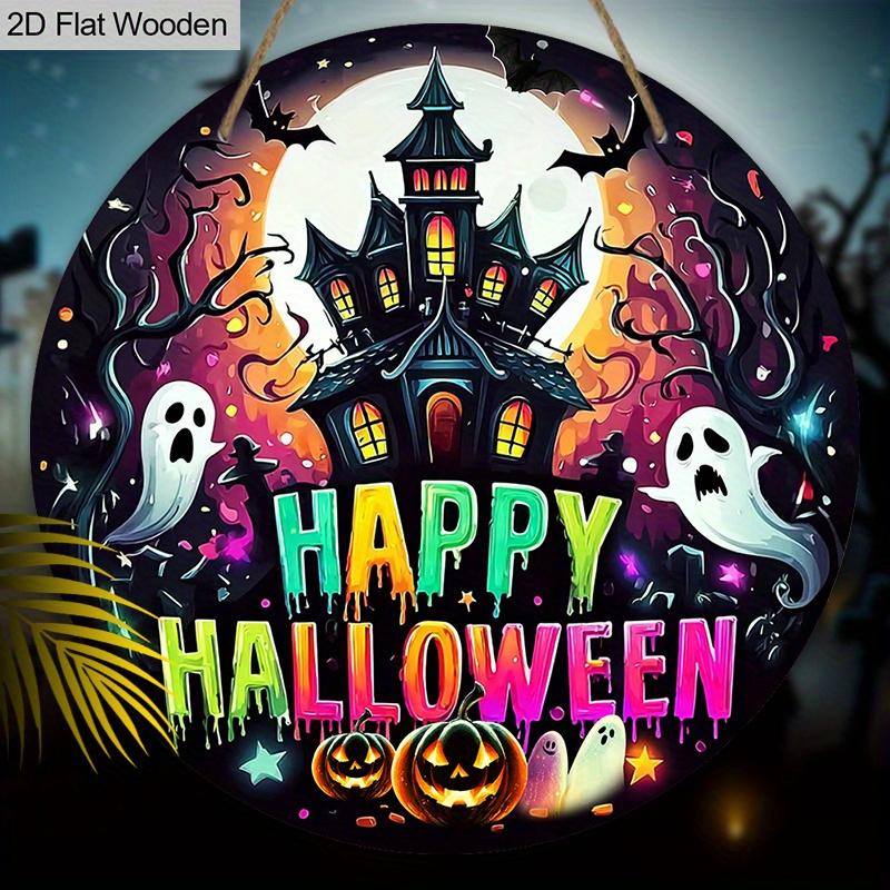Happy Halloween Wooden Sign with Horror Castle Pattern - Figurine Ornaments with Pumpkin & Ghost Pattern - Ideal for Front Door, Yard, Porch Decor