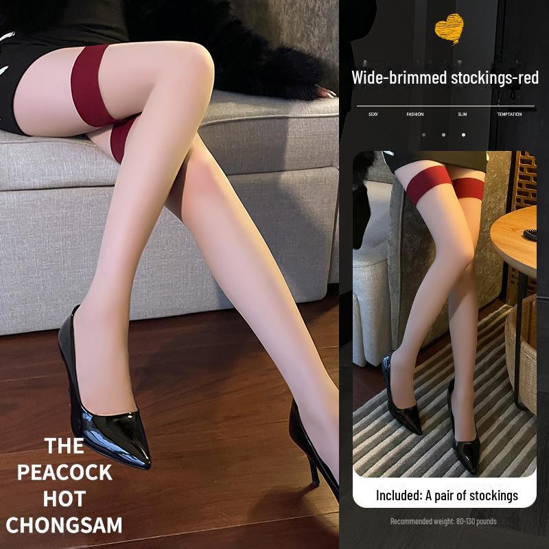Manyan 1D Contrast Color Thigh-High Stockings: Sexy, Non-Slip, Wide Edge, Transparent Toe, Silicone Grip.