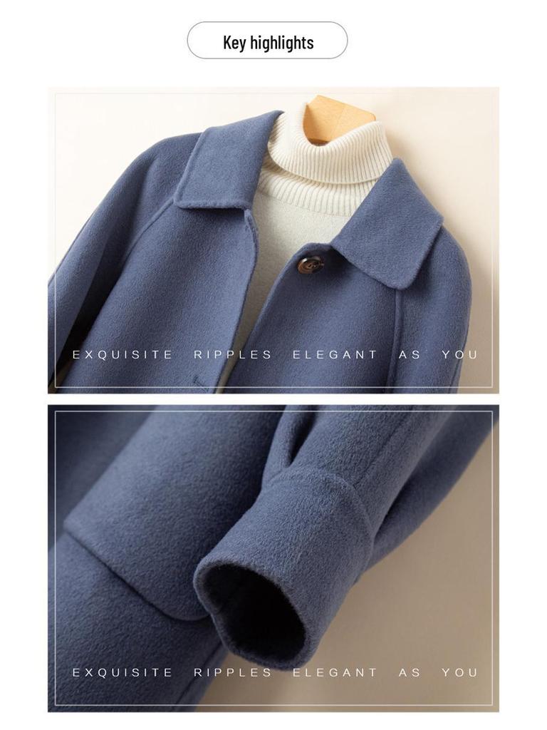 Dámský kašmírový kabát střední délky oboustranný na podzim/zimu - Petite, Čistě ručně šitý, Celovlněný, Zesílený design