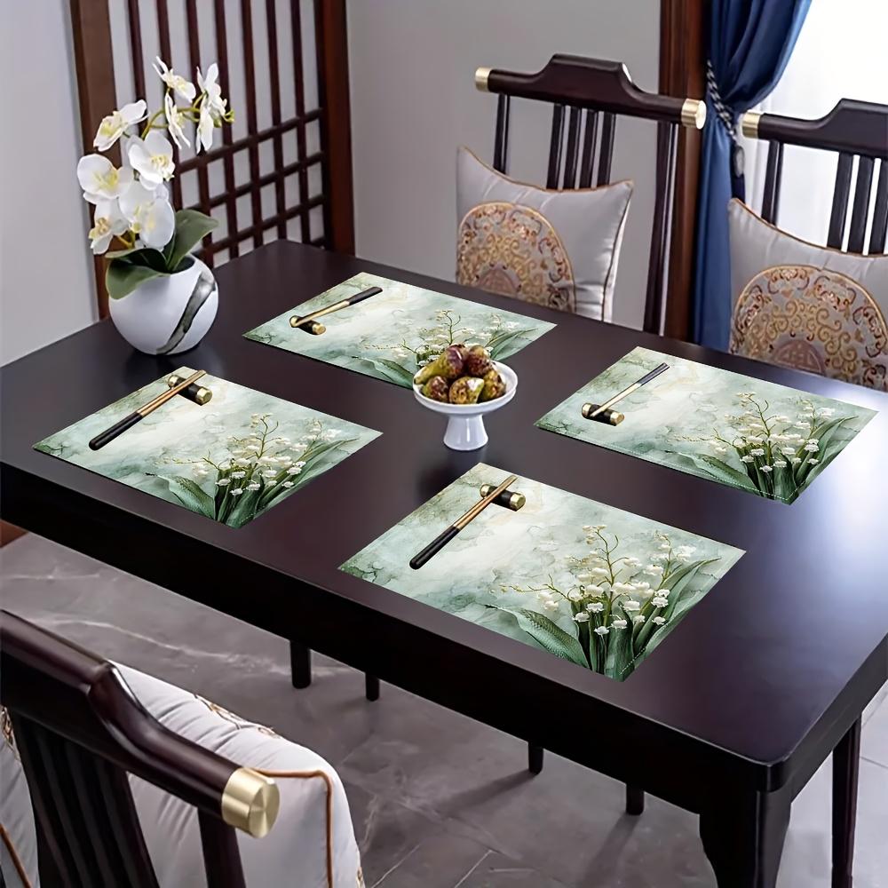 4pcs Elegant Marble & Lily Design Linen Placemats, 12x18 Inch - Ideal for Kitchen, Dining Room Decor, Home Dinner Parties & Party Table Settings,