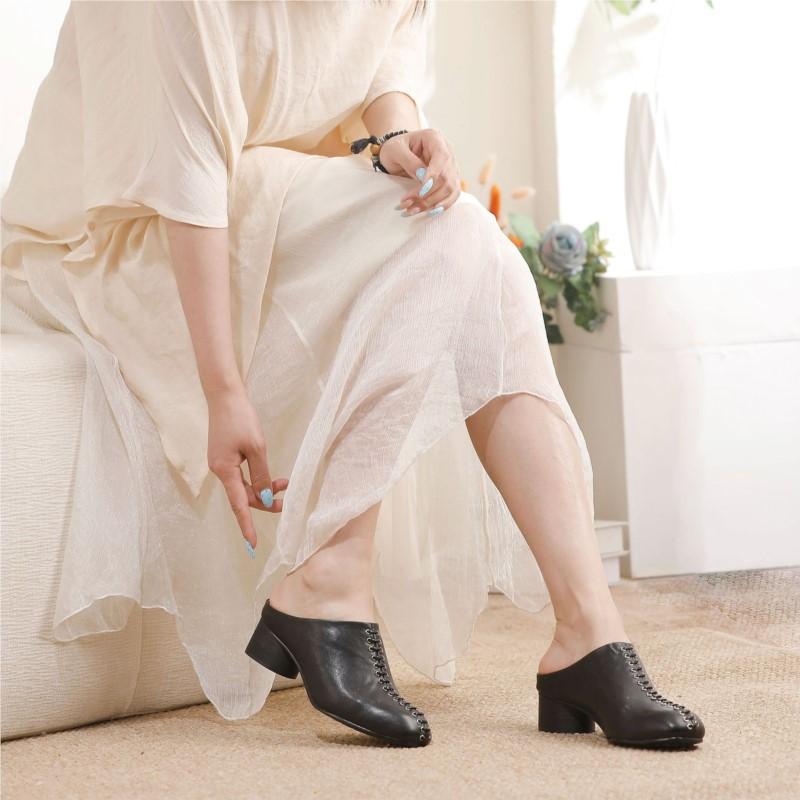 Johnature Ciabatte Moda in Vera Pelle con Tacco Grosso Punta Tonda Comode Suola Morbida Scarpe Slip-on da Donna