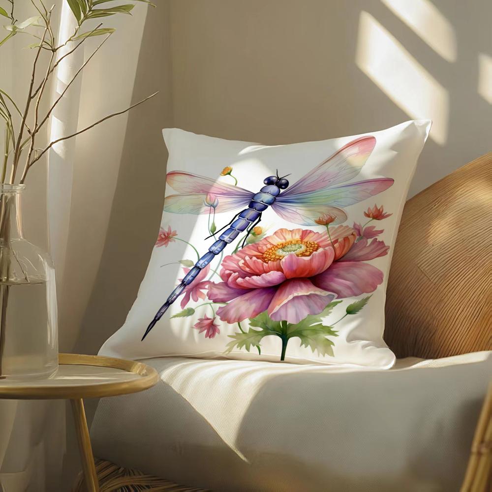 Dragonfly And Flower Cushion Cover Soft Short Plush Pillow Cover Smooth Cozy Texture Aesthetic Cushion Case Home Decor