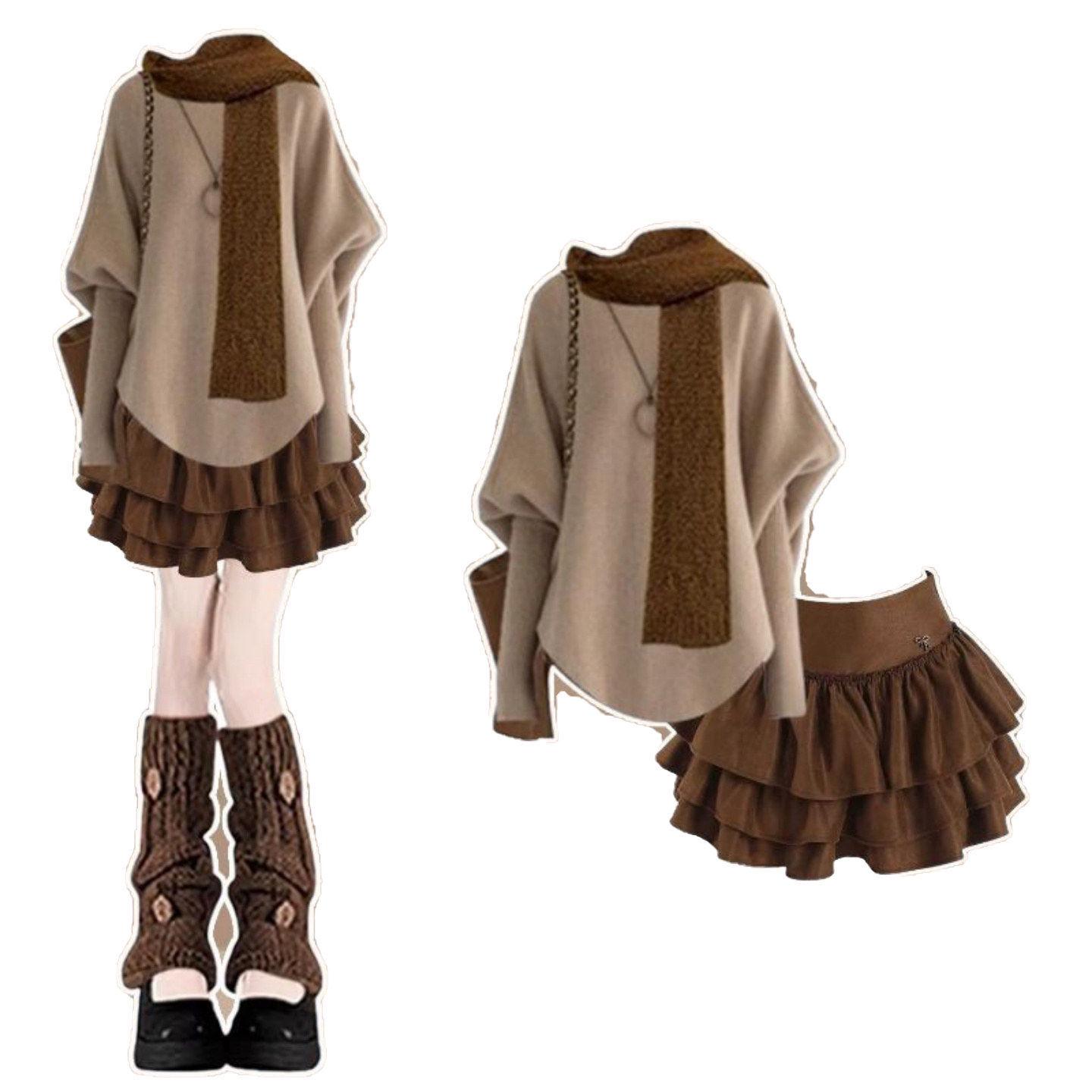 

Ретро-наряд 2026: Вязаный свитер против старения и многослойная юбка с высокой талией, комплект S (Recommended 40-48 kg)