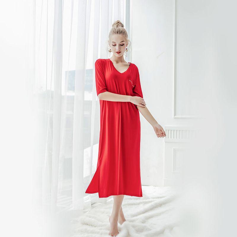 

Seven-Yarn Nightdress for Women Long Modal Pajamas Women Autumn Leisure Sexy Loose Short Sleeve Dress Maternity Homewear Red 165 (L)