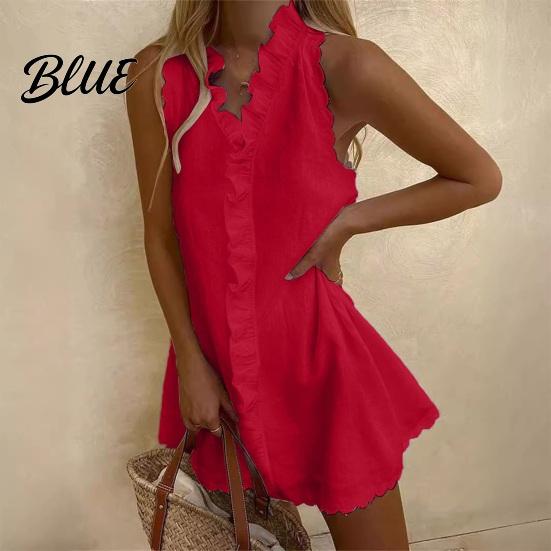 Lightweight Cotton Dress Summer Ruffle Mini for Women Sleeveless V Neck Beach Resort Wear Linen Short Dress Boho Vacation Casual A-Line Sundress