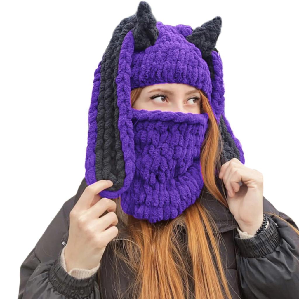 Handmade Balaclava Neck Protect Hat with Cute Devil Horn Winter Knit Hat Presents for Students Teens Cycling Skiing