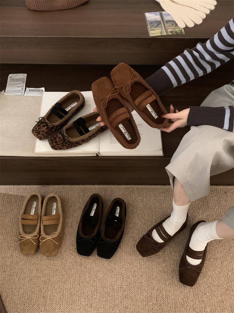 2025 autumn and winter new flat-bottomed bow velvet Mary Jane shoes women's warm ballet shoes lamb wool single shoes